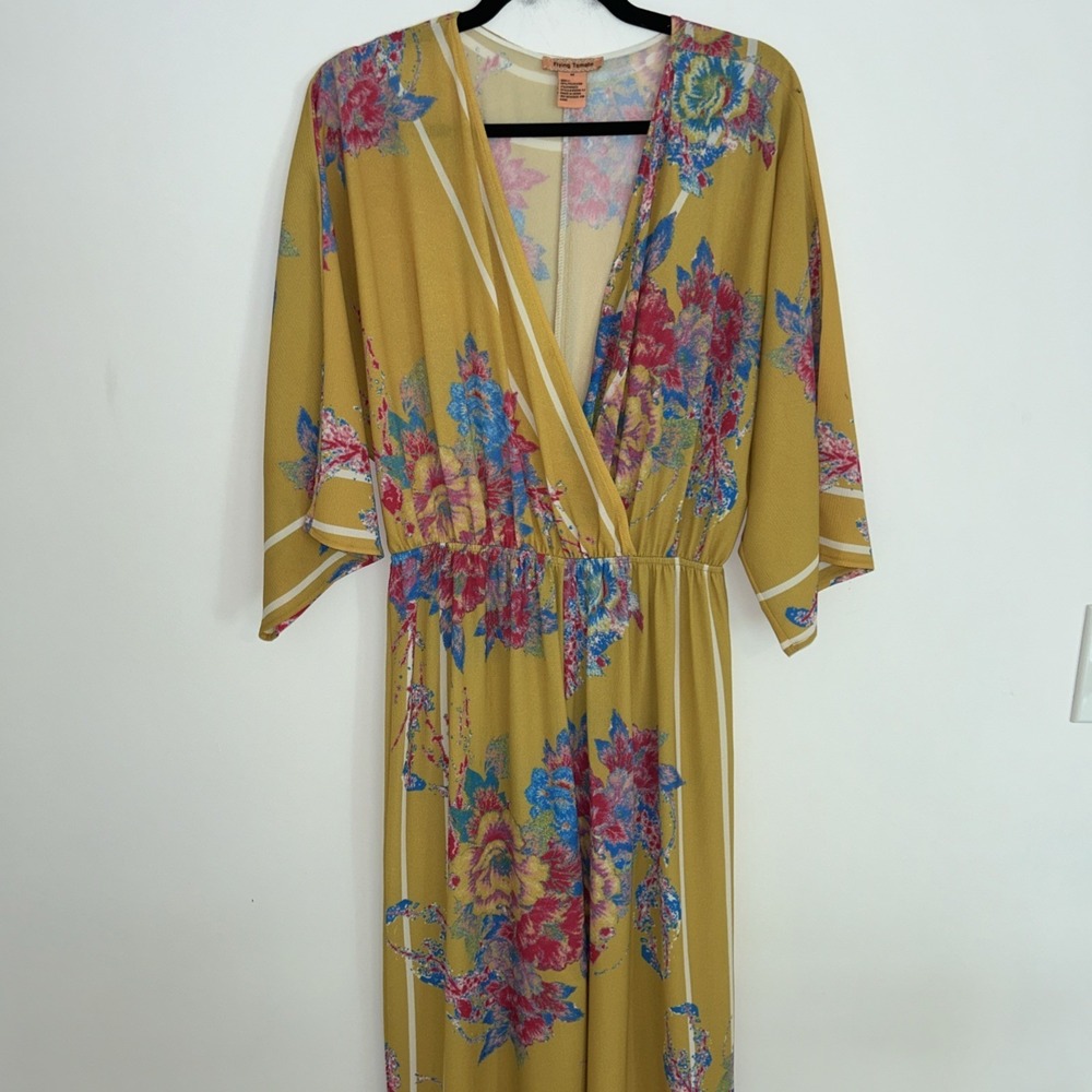 Flying Tomato Women's‎ Wide Leg Jumpsuit 3/4 Sleeve Yellow Pink Floral Medium